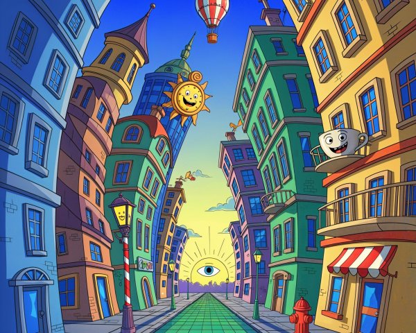 Whimsical Street Scene with Colorful Quirky Buildings