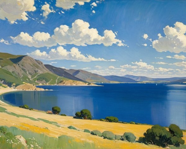Serene Lakeside Scene with Vibrant Blue Water