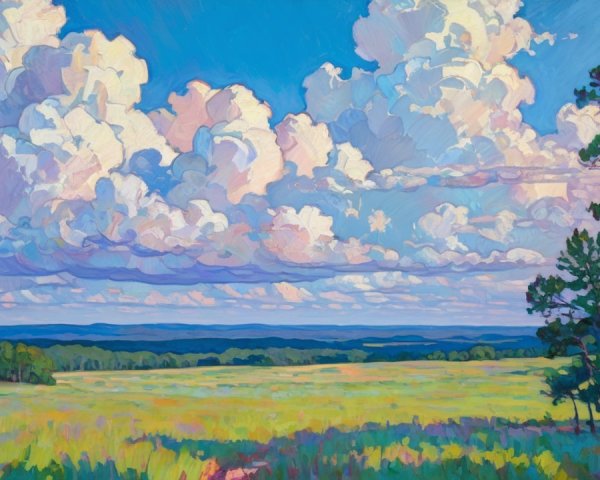 Vibrant Meadow Landscape with Blue Sky and Hills