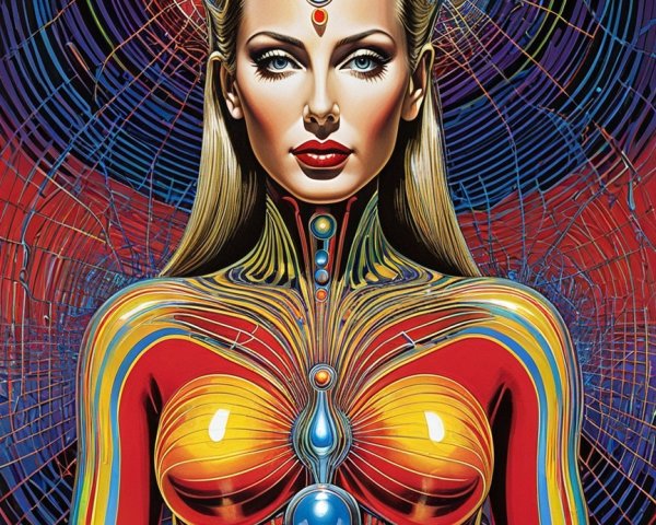 Stylized Female Figure with Colorful Patterns and Swirls