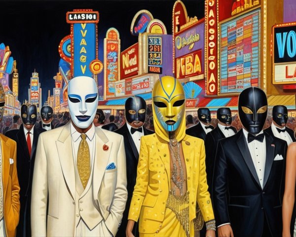 Surreal Nighttime Street Scene with Masked Individuals