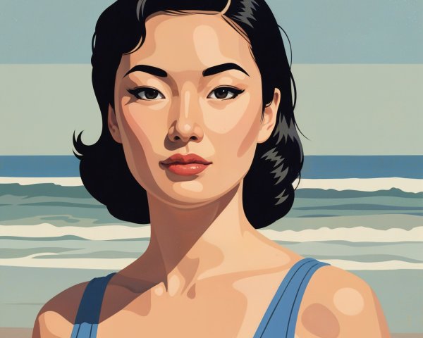 Woman in Blue Swimsuit at Serene Beach Scene