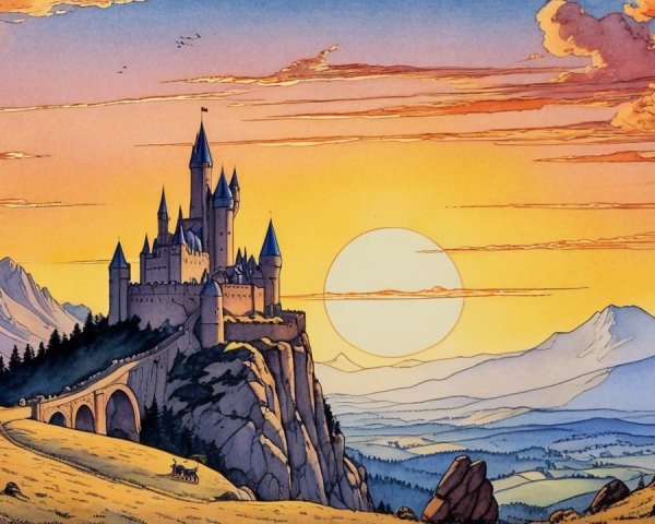 Castle on a Cliff with Sunset and Rolling Hills