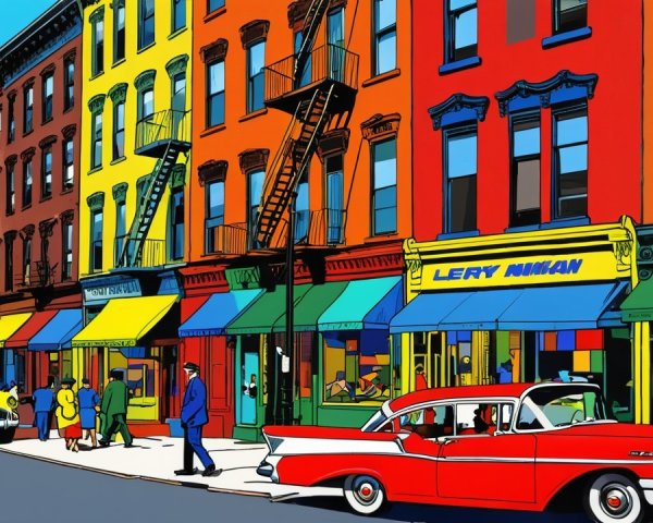 Vibrant Urban Street Scene with Colorful Brownstones