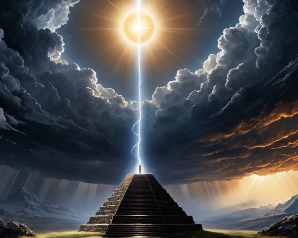 Majestic Pyramid Under Illuminated Sky and Mountains
