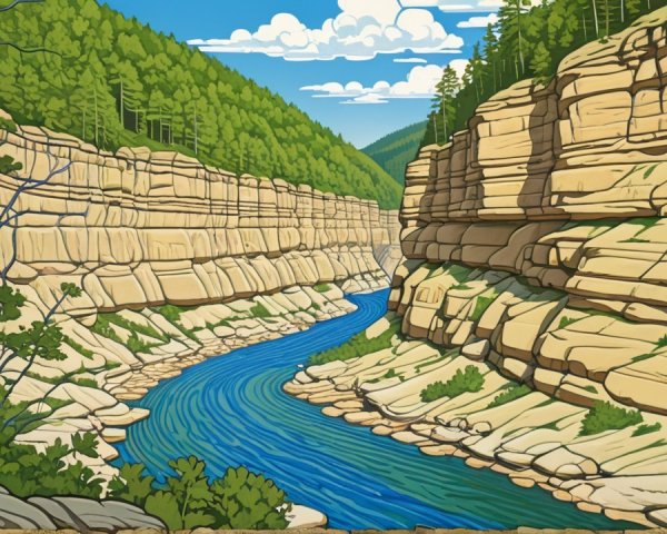 Serene Landscape with River and Rugged Canyon Cliffs