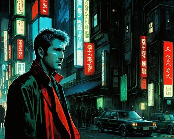 Man in Dark Jacket Against Neon City Street Background