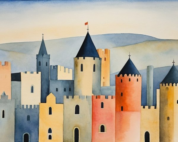 Watercolor Illustration of a Medieval Castle Skyline