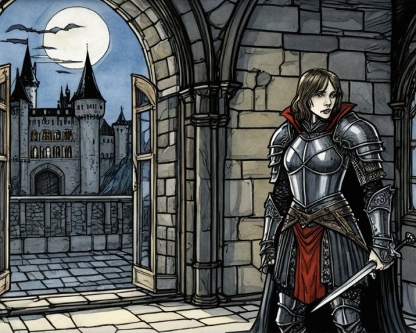 Warrior in Armor with Red Cape in Castle Corridor