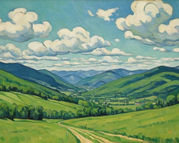 Vibrant Landscape Painting with Green Hills and Clouds