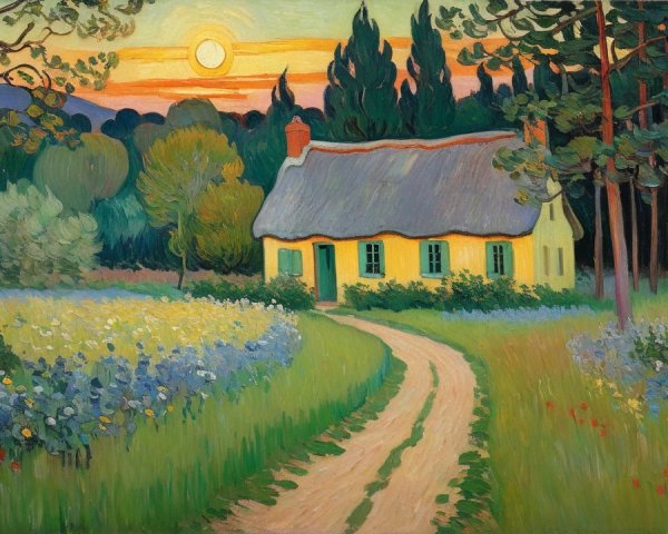 Countryside Scene with Yellow Cottage and Meadow