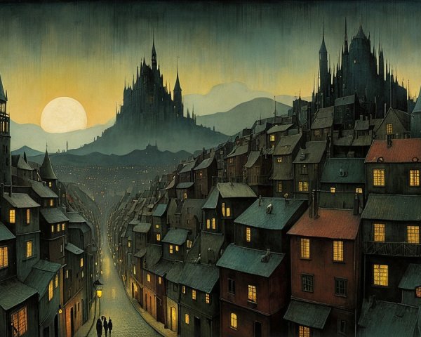 Twilight Cityscape with Quaint Houses and Castles