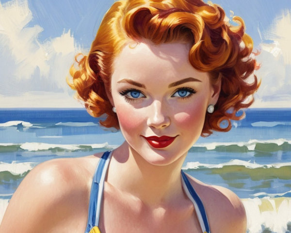 Vintage Portrait of Young Woman by Ocean Waves