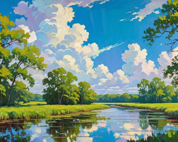 Vibrant Landscape with Calm River and Lush Greenery