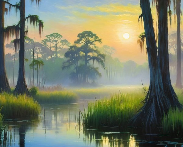 Tranquil Wetland Landscape at Sunrise with Cypress Trees