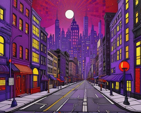 Vibrant Urban Landscape with Surreal Sky and Skyscrapers