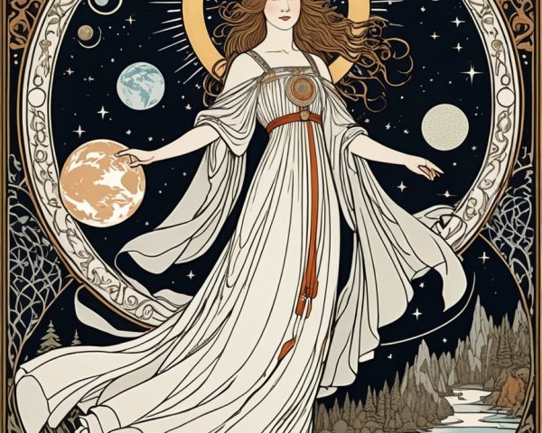 Celestial Woman in White Gown Amidst Cosmic Elements