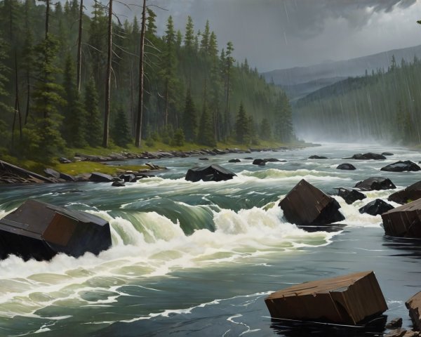 Serene River in Dense Forest with Turbulent Rapids