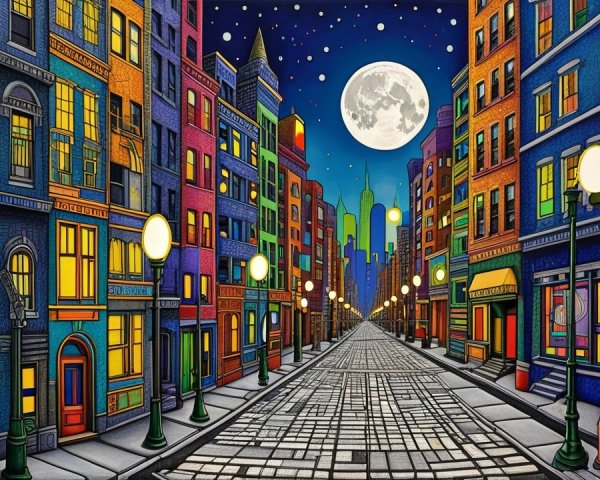 Vibrant Nighttime City Street with Colorful Lights