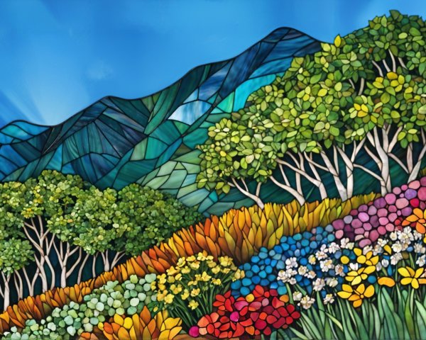 Vibrant Landscape with Rolling Hills and Colorful Flora