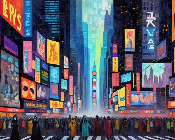 Futuristic cityscape with detailed street view and billboards