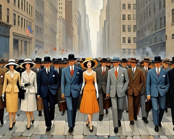 Group of men and women in formal attire on city street
