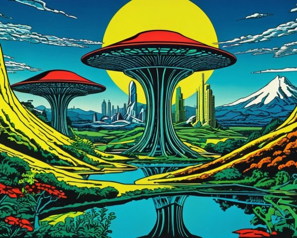 Surreal Landscape with Mushroom Structures and Cityscapes