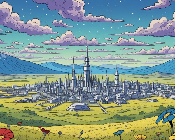 Futuristic cityscape with nature and mountains backdrop