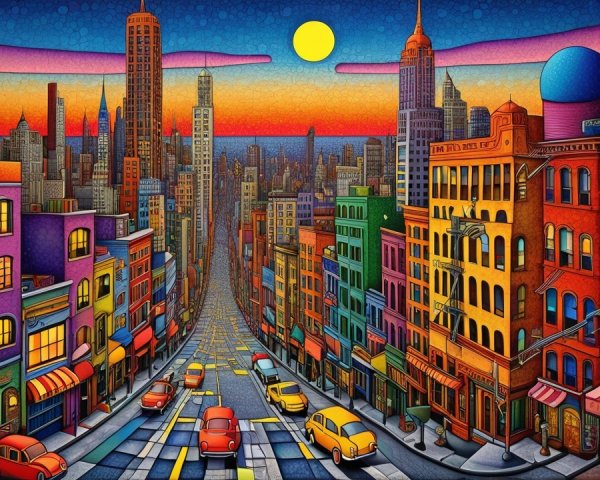 Vibrant Cityscape with Colorful Buildings and Sunset