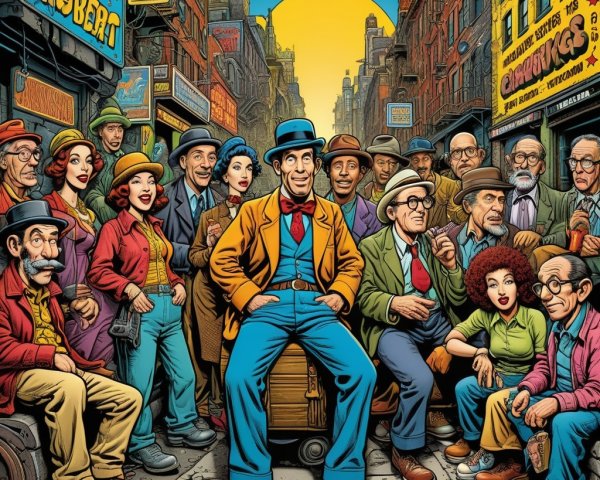 Illustrated Retro Street Scene with Diverse Characters
