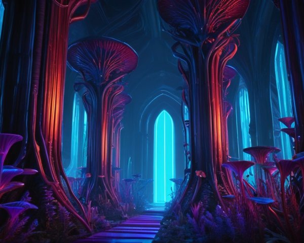 Mystical forest with oversized mushrooms and glowing trees