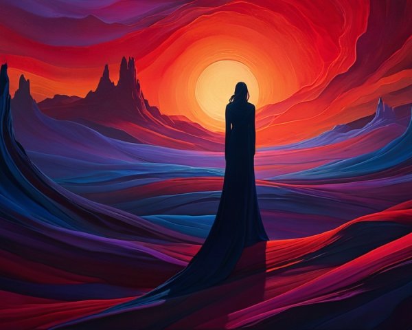 Silhouette Against Vibrant Sunset in Surreal Landscape