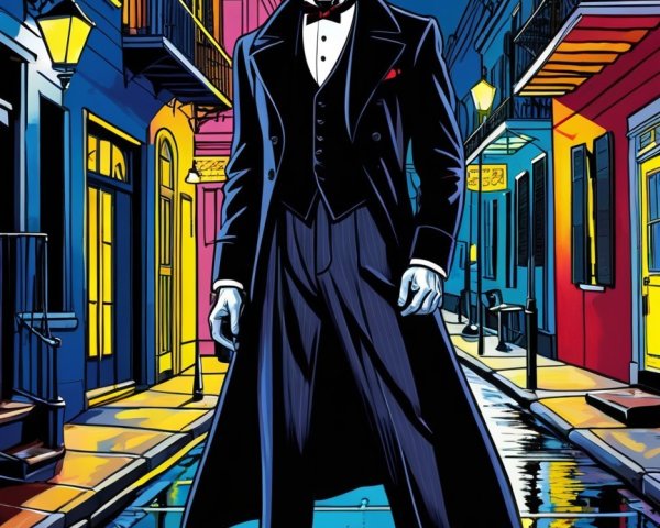 Creepy Vampire in Tuxedo on Wet Night Street Scene
