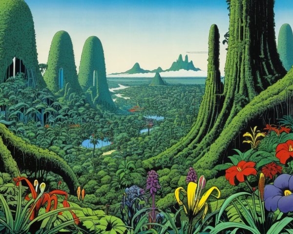 Vibrant Jungle Scene with Lush Greenery and Flowers