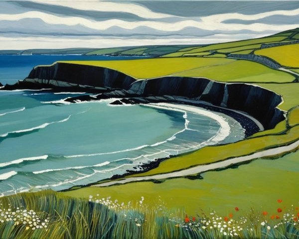 Coastal Landscape with Green Hills and Pebbly Beach
