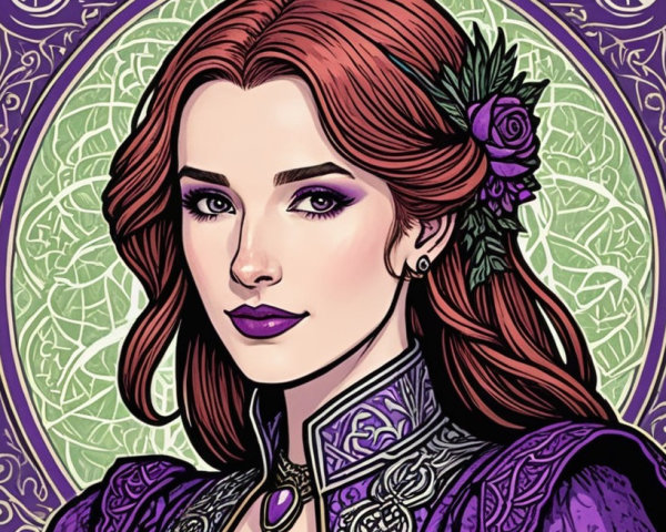 Elegant Portrait of Woman with Red Hair and Purple Accents