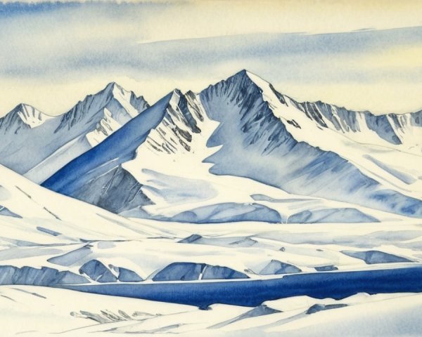Winter Landscape with Snow-Capped Mountains and Water