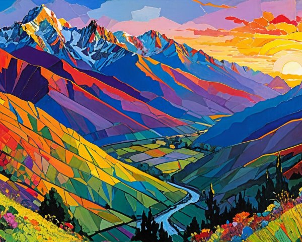 Vibrant Mountain Landscape at Sunset with Wildflowers