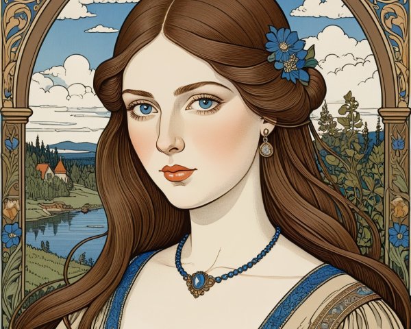 Young woman with brown hair and blue flower in nature