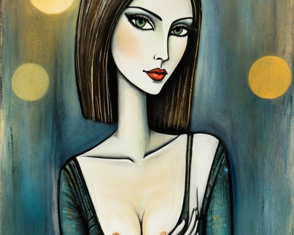 Stylized Woman in Deep V-neck Dress with Dreamy Background