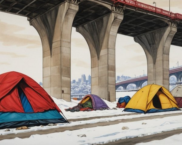 Colorful Tents in Snow Under Concrete Bridge