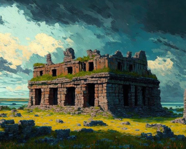 Ancient Stone Ruin Under Dramatic Cloudy Sky