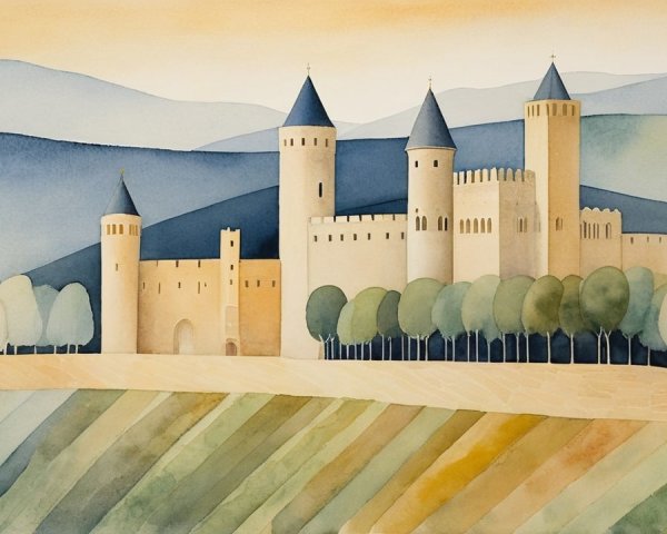 Watercolor Painting of a Castle in Serene Landscape