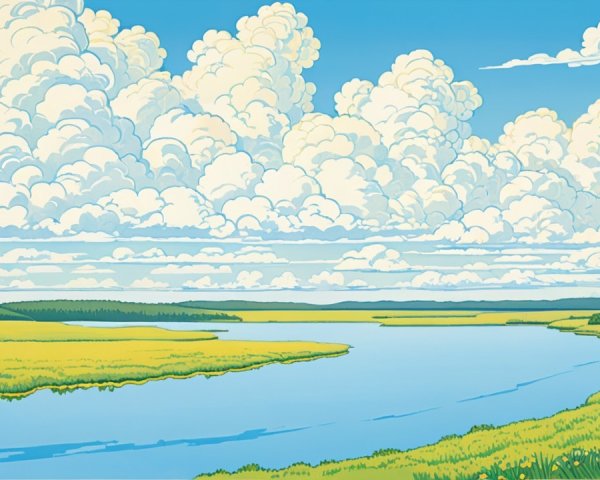 Tranquil River in Lush Green Meadow Landscape