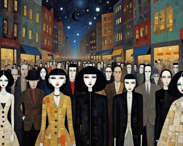 Art Deco Digital Illustration of a Crowded City Street