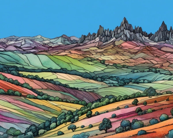 Vibrant Landscape with Colorful Hills and Mountains