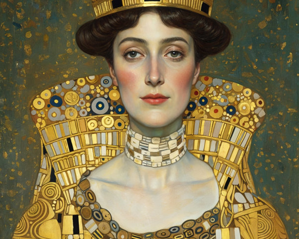 Regal Woman in Gold Gown with Intricate Crown