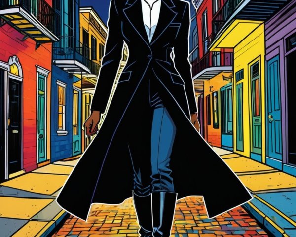 Black woman in trench coat walking on cobblestone street