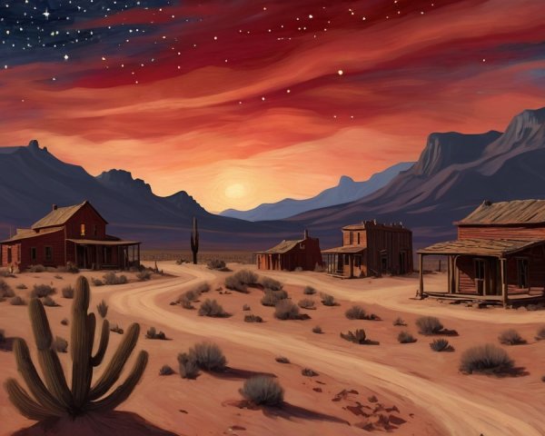 Desert Landscape with Old Town at Sunset