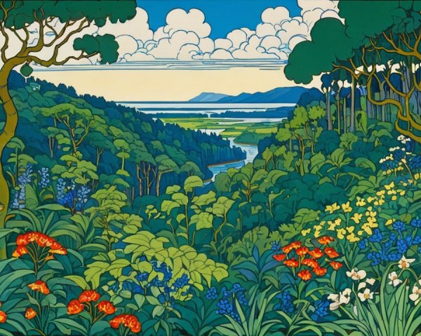 Vibrant Landscape with Lush Greenery and Flowers